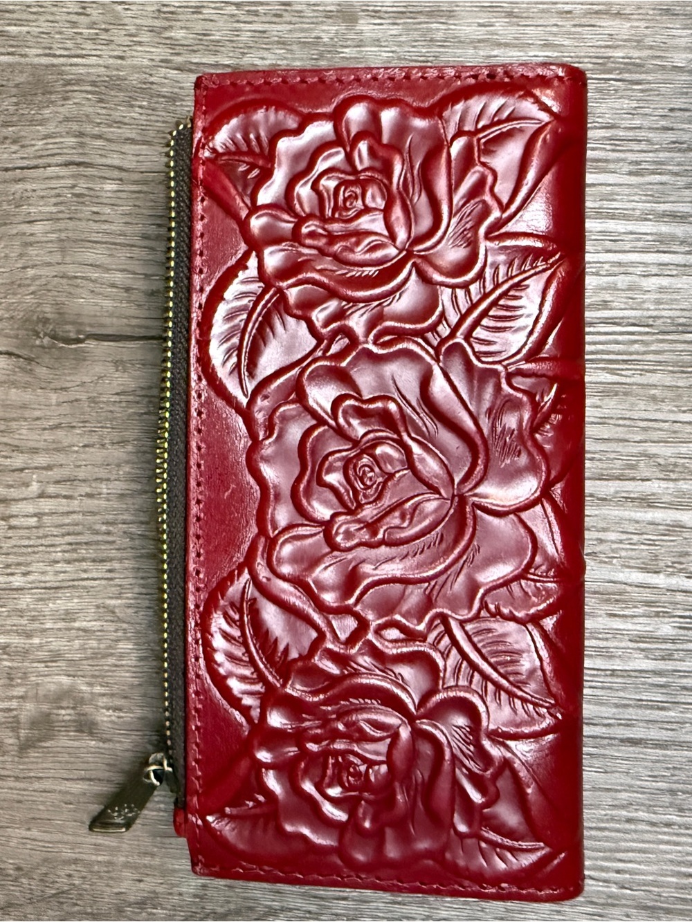 Patricia Nash Red Embossed Rose Zip Wallet